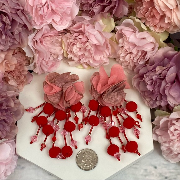 Boho Pink Rose Long Dangling Pom Pom Tassel Earrings - Picture 15 of 16